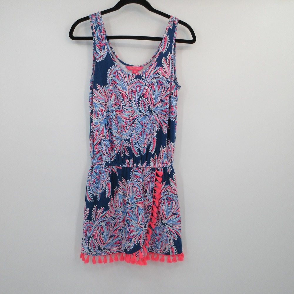 Lilly Pulitzer XS Navy Pink Abstract Floral Tassel Trim Sleeveless Romper